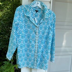 NWT Talbots Pretty Turquoise Blue Green Floral 100% Cotton Long Sleeve Blouse